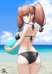  1girl anchor_hair_ornament ass atlanta_(kantai_collection) ball beach beachball bikini black_bikini blue_sky breasts brown_hair clip_studio_paint_(medium) clouds commentary_request cowboy_shot day earrings from_behind grey_eyes hair_ornament highres horizon jewelry kantai_collection large_breasts long_hair looking_at_viewer looking_back ocean side-tie_bikini sky smile solo standing star_(symbol) star_earrings swimsuit t2r twintails two_side_up 