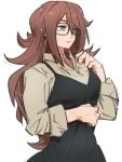  1girl alternate_costume android_21 blue_eyes brown_hair dragon_ball dragon_ball_fighterz earrings glasses hair_between_eyes hoop_earrings jewelry kemachiku long_hair long_sleeves simple_background solo white_background 