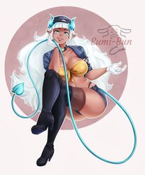  1girl bangs bikini bikini_top black_footwear blue_eyes blue_horns blue_shorts blue_tail blunt_bangs body_freckles boots borrowed_character breasts brown_legwear cabbie_hat choker commentary crossed_legs dark_skin demon_girl demon_tail earrings english_commentary eumi-bun front-tie_bikini front-tie_top full_body gem gloves hat high_heel_boots high_heels highleg highleg_panties highres holding_tail invisible_chair jewelry large_breasts long_tail looking_at_viewer mole mole_under_eye original panties pointy_ears short_shorts shorts sitting skindentation slush_(norasuko) solo swimsuit tail tail_ring thick_thighs thigh-highs thigh_boots thighhighs_under_boots thighs underwear very_long_tail white_gloves 