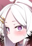  1girl ahoge blue_archive blush close-up closed_mouth fur_trim hair_ornament hairclip highres hina_(blue_archive) hitotose_rin horns long_hair looking_at_viewer portrait slit_pupils solo sweatdrop violet_eyes white_hair 