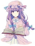 1girl blue_bow blue_ribbon blush book bow bowtie crescent crescent_hair_ornament dress frilled_sleeves frills hair_bow hair_ornament hair_ribbon hat highres holding holding_book long_hair looking_at_viewer mob_cap open_book patchouli_knowledge purple_dress purple_hair red_bow red_ribbon ribbon simple_background solo tied_hair touhou tress_ribbon upper_body uranaishi_(miraura) violet_eyes white_background 