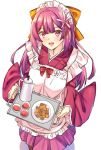  1girl :d alternate_costume apron black_tea blush cookie cup drink enmaided eyebrows_visible_through_hair food hair_ribbon hakama holding japanese_clothes kamikaze_(kantai_collection) kantai_collection kimono long_hair long_sleeves maid maid_headdress meiji_schoolgirl_uniform open_mouth pink_hakama purple_hair purple_kimono ribbon shirokuma_a simple_background smile solo tea violet_eyes wa_maid white_apron white_background white_ribbon wide_sleeves 