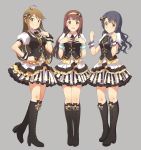  3girls ahoge bangs black_bow black_footwear black_hair black_vest blush boots bow brown_eyes brown_hair closed_mouth cross-laced_footwear full_body hair_bow hairband high_heel_boots high_heels highres idol idol_clothes idolmaster idolmaster_million_live! lace-up_boots layered_skirt long_hair looking_at_viewer multiple_girls narumi_nanami open_mouth pleated_skirt puffy_short_sleeves puffy_sleeves red_eyes shirt short_sleeves skirt smile standing striped takayama_sayoko tanaka_kotoha tokoro_megumi vertical-striped_skirt vertical_stripes vest white_shirt white_skirt wrist_cuffs 