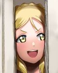  a1 birthday blonde_hair braid broken_door crown_braid evil_smile glance green_eyes hair_rings here&#039;s_johnny! hole_in_wall looking_to_the_side love_live! love_live!_sunshine!! ohara_mari parody portrait smile the_shining v-shaped_eyebrows yellow_eyes 