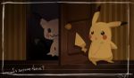  :o commentary_request door english_text gen_1_pokemon gen_7_pokemon hiding indoors mei_(maysroom) mimikyu no_humans open_door peeking_out pikachu pokemon pokemon_(creature) signature standing 