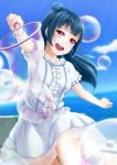  1girl bubble dark_blue_hair dress half-closed_eyes highres long_hair looking_at_viewer love_live! love_live!_sunshine!! open_mouth prbili short_sleeves side_bun smile solo tsushima_yoshiko violet_eyes white_dress 