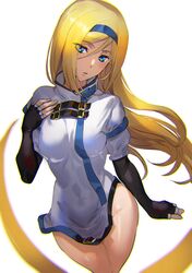  1girl ashiomi_masato black_gloves blonde_hair blue_eyes blush breasts dress fingerless_gloves gloves groin guilty_gear hair_between_eyes hairband long_hair looking_at_viewer millia_rage parted_lips simple_background solo very_long_hair white_background 