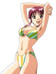  1990s_(style) 1girl arm_grab armpits arms_up bikini breasts brown_eyes covered_nipples cowboy_shot highres looking_at_viewer medium_breasts navel official_art open_mouth red_eyes short_hair simple_background solo striped striped_bikini swimsuit upper_teeth white_background yamada_masaki zenkoku_seifuku_bishoujo_grand_prix 