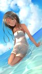  1girl bangs bare_arms bare_shoulders black_hair blue_sky breasts brown_eyes closed_mouth clouds cloudy_sky comah dark_skin day dress dutch_angle eyebrows_visible_through_hair hair_between_eyes highres horizon long_hair ocean original outdoors parted_bangs see-through shallow_water sitting sky sleeveless sleeveless_dress small_breasts smile solo water wet wet_clothes wet_dress white_dress yokozuwari 