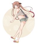  1girl :d alternate_costume asagumo_(kantai_collection) bag bare_arms bare_shoulders blue_shorts blush brown_hair full_body grey_eyes kantai_collection long_hair looking_at_viewer looking_to_the_side open_mouth sandals shakemi_(sake_mgmgmg) shorts shoulder_bag smile solo striped toes twintails 