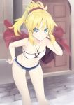  1girl aqua_eyes bandeau bangs blonde_hair braid breasts commentary_request denim denim_shorts fate/apocrypha fate/grand_order fate_(series) hair_ornament hair_scrunchie highres holding holding_jacket jacket jewelry kureha_(angelite) looking_at_viewer midriff mordred_(fate) mordred_(fate)_(all) navel necklace ponytail red_jacket red_scrunchie scrunchie short_shorts shorts small_breasts smile solo teeth tied_hair 