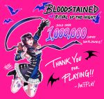  1girl bat black_hair bloodstained:_ritual_of_the_night blue_eyes gauntlets gradient_hair hair_between_eyes hair_ornament hand_up highres miriam_(bloodstained) multicolored_hair official_art one_eye_closed pink_background solo tattoo vusc 