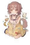  1girl animal_ears bakery bangs blue_bow blush bone bone_hair_ornament bow brown_eyes brown_hair collar croissant dog_collar dog_ears dog_girl dog_tail dress eyebrows_visible_through_hair food hair_over_shoulder highres hololive inugami_korone jacket looking_at_viewer low_twin_braids mouth_hold neku01n off_shoulder red_bow shop simple_background sitting solo tail virtual_youtuber wariza white_background white_dress yellow_jacket 