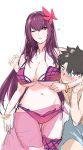  1boy 1girl absurdres bikini blush bracelet breasts brown_hair commentary_request fate/grand_order fate_(series) flower fujimaru_ritsuka_(male) hair_flower hair_intakes hair_ornament headlock heart hibiscus highres jewelry large_breasts leg_garter male_swimwear one_eye_closed pink_bikini purple_bikini purple_hair purple_sarong red_eyes sarong scathach_(fate)_(all) scathach_(swimsuit_assassin)_(fate) slept_(re_mix) swim_trunks swimsuit swimwear 