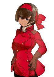  1girl akira alternate_costume black_hair bow brown_gloves closed_mouth commentary girls_und_panzer girls_und_panzer_ribbon_no_musha gloves hair_bow hair_ribbon half-closed_eyes hand_on_hip jacket large_bow long_sleeves looking_at_viewer mole mole_under_eye nogami_takeshi portrait red_bow red_eyes red_jacket red_ribbon ribbon short_hair simple_background smile solo standing tsuruki_shizuka white_background 