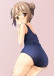  1girl ass bangs bare_arms bare_shoulders blue_swimsuit blush brown_background brown_eyes brown_hair commentary_request double_bun eyebrows_visible_through_hair from_behind hair_between_eyes hand_on_own_ass highres looking_at_viewer looking_back one-piece_swimsuit original school_swimsuit shibacha simple_background solo swimsuit 