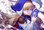  1girl blonde_hair blue_eyes blue_hair blue_headwear closed_mouth colored_eyelashes commentary cravat hair_between_eyes hat_feather heart_(organ) highres holding jenevan long_hair long_sleeves looking_at_viewer lord_of_heroes plume shoulder_cutout smile solo undershirt upper_body 