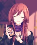1girl bangs black_sweater blurry blurry_background brown_hair cellphone closed_eyes earrings eyebrows_visible_through_hair facing_viewer gocoli highres holding holding_phone idolmaster idolmaster_shiny_colors jewelry long_hair oosaki_amana oosaki_tenka open_mouth phone plaid plaid_scarf pointing purple_scarf scarf sidelocks smartphone smile solo sweater