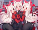  3girls :d absurdres animal_ears ass bangs black_gloves black_pants black_vest breasts cerberus_(helltaker) collared_shirt commentary demon_girl demon_tail dog_ears dog_girl fang from_behind gloves heart helltaker highres large_breasts long_hair long_sleeves looking_at_viewer looking_back multiple_girls necktie open_mouth pants parted_bangs red_eyes red_shirt shirt skin_fang smile tail thigh_gap triplets very_long_hair vest white_hair zeroblood 