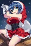  1girl :d alternate_costume aqua_eyes bangs bare_shoulders belt black_belt blue_hair boots breasts brown_footwear buttons chimney christmas covered_navel doremy_sweet eyebrows_visible_through_hair gloves hair_between_eyes hat highres holding holding_sack large_breasts miniskirt open_mouth pom_pom_(clothes) red_headwear red_skirt sack sakaki_(utigi) santa_costume santa_hat short_hair sitting skirt sleeveless smile snow snowing solo touhou white_gloves 