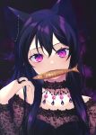  1girl absurdres achiki animal_ears black_background black_dress black_hair brooch cat_ears cat_girl choker dress earrings fish hand_up highres jewelry long_hair looking_at_viewer mouth_hold original purple_theme relic_(artbook) see-through slit_pupils solo upper_body violet_eyes 
