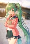  1girl bag bangs black_sailor_collar black_skirt blurry blurry_background cardigan collarbone collared_shirt cowboy_shot day eating eyebrows_visible_through_hair floating_hair food green_eyes green_hair hair_between_eyes hair_ribbon hatsune_miku highres holding holding_bag holding_food long_hair looking_at_viewer miniskirt neckerchief open_cardigan open_clothes outdoors paper_bag pine_(angel4195202) pink_cardigan pleated_skirt red_neckwear red_ribbon ribbon sailor_collar sailor_shirt school_uniform serafuku shiny shiny_hair shirt skirt solo standing twintails very_long_hair vocaloid white_shirt 