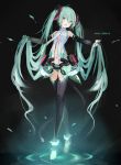  1girl absurdly_long_hair anklet aqua_eyes aqua_hair bare_shoulders barefoot belt black_background black_gloves black_legwear blush character_name commentary elbow_gloves full_body gloves glowing hair_ornament hatsune_miku head_tilt holding holding_hair jewelry long_hair looking_at_viewer midriff_cutout miku_append navel necktie nuudoru open_mouth outstretched_arms ripples shirt sleeveless sleeveless_shirt thigh-highs twintails very_long_hair vocaloid vocaloid_append white_shirt 