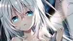  1girl bangs blue_eyes blurry blurry_background blush breasts collarbone eyebrows_visible_through_hair hair_between_eyes highres long_hair looking_at_viewer open_mouth original portrait shiny shiny_hair silver_hair small_breasts solo uchuuneko 