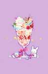  ._. :d absurdres animal blue_flower bow candy candy_wrapper cat cream danby_merong flower food fruit heart highres huge_filesize in_food open_mouth original parfait pocky purple_background rabbit red_bow simple_background smile standing star_(symbol) strawberry wafer_stick 