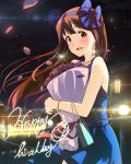  1girl bag blue_dress blush bouquet brown_hair building dress earrings flower handbag happy_birthday holding holding_bouquet idol idolmaster idolmaster_million_live! jewelry lights narumi_nanami night open_mouth outdoors petals red_flower sky smile star_(sky) starry_sky tanaka_kotoha water 