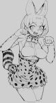  1girl absurdres animal_ears animal_print armpit_crease armpit_peek armpits bare_shoulders belt blush bow bowtie elbow_gloves eyebrows_visible_through_hair gloves hands hands_up highres iizuna kemono_friends open_mouth serval_(kemono_friends) serval_print serval_tail sharp_teeth short_hair solo tail teeth thigh-highs 