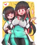  2girls android as_(kamen_rider_01) bangs belly_grab black_hair blue_eyes blush covered_navel ditienan_ddn emphasis_lines fang fang_out green_nails heart heart_eyes humagear_headphones is_(kamen_rider_01) kamen_rider kamen_rider_01_(series) long_hair mechanical_ears multiple_girls open_mouth plump red_eyes short_hair skin_tight surprised v-shaped_eyebrows 