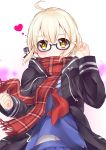  1girl ahoge artoria_pendragon_(all) bangs black-framed_eyewear black_coat blonde_hair blush clenched_hand coat commentary_request fate/grand_order fate_(series) glasses hair_between_eyes hand_in_hair heart highres kureha_(angelite) long_sleeves looking_at_viewer mysterious_heroine_x_(alter) navel pink_heart red_scarf scarf school_uniform semi-rimless_eyewear solo under-rim_eyewear uniform yellow_eyes 