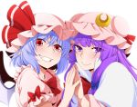  2girls bat_wings blue_hair bow capelet commentary_request crescent crescent_hair_ornament eichi_yuu frilled_shirt_collar frills hair_bow hair_ornament hands_together hat long_hair looking_at_viewer mob_cap multiple_girls pajamas patchouli_knowledge puffy_short_sleeves puffy_sleeves purple_hair red_eyes remilia_scarlet short_hair short_sleeves striped touhou upper_body violet_eyes white_background wings 