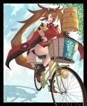 bangs basket bicycle breasts brown_hair china_dress chinese_clothes clothes_tug dress flashlight food ground_vehicle guilty_gear hair_ring hair_tubes highres kuradoberi_jam large_breasts leaf long_hair mariebell shadow signature thighs tin_can twintails wheel
