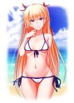  1girl ass_visible_through_thighs bangs bikini blonde_hair blue_ribbon blurry blurry_background breasts christiane_friedrich closed_mouth clouds collarbone eyebrows_visible_through_hair groin hair_between_eyes hair_ribbon halterneck head_tilt ikki_(tue_sein_bestes) long_hair looking_at_viewer lowleg lowleg_bikini maji_de_watashi_ni_koi_shinasai! mole mole_under_eye navel ocean red_ribbon ribbon side-tie_bikini sideboob small_breasts smile solo swimsuit thigh_gap under_boob very_long_hair violet_eyes white_background white_bikini 