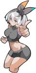  1girl bangs bare_shoulders bike_shorts black_hairband blue_eyes breasts clenched_hand crop_top cropped_legs dark_skin enpe eyebrows_visible_through_hair groin gym_leader hair_between_eyes hairband highres medium_breasts navel pokemon pokemon_(game) pokemon_swsh saitou_(pokemon) silver_hair simple_background sleeveless solo v-shaped_eyebrows white_background 