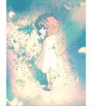  1girl blue_eyes blurry_foreground brown_hair child closed_mouth dress flower from_behind full_body hage_ta haibara_ai looking_at_viewer looking_back meitantei_conan petals profile short_dress short_hair sleeveless sleeveless_dress solo sundress walking white_dress white_flower 
