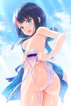 1girl ass back bangs bare_shoulders black_hair blue_eyes blue_ribbon blue_sky blush breasts dress fate/grand_order fate/requiem fate_(series) fundoshi highres japanese_clothes jewelry looking_at_viewer magatama magatama_hair_ornament medium_breasts medium_hair multicolored_hair necklace open_mouth pelvic_curtain pink_hair ribbon short_dress sideboob sideless_outfit sky streaked_hair thighs tomo_(user_hes4085) utsumi_erise wet white_dress 