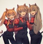  3girls animal_ears black_gloves brown_eyes brown_hair cerberus_(helltaker) cerberus_(helltaker)_(cosplay) cosplay demon_tail dog_ears fangs girls_frontline gloves green_eyes helltaker highres long_hair multiple_girls orange_eyes orange_hair parody puffy_sleeves side_ponytail sidelocks tail tied_hair twintails ump40_(girls_frontline) ump45_(girls_frontline) ump9_(girls_frontline) very_long_hair vest xanax025 