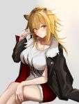  1girl animal_ears arknights bangs black_jacket blonde_hair blush breasts brown_eyes candy commentary_request eyebrows_visible_through_hair feet_out_of_frame food grey_background hair_between_eyes hand_up highres holding holding_food jacket large_breasts lion_ears lollipop long_hair long_sleeves looking_at_viewer open_clothes open_jacket parted_lips partial_commentary red_shorts shirt short_shorts shorts shusiki siege_(arknights) sitting solo t-shirt thighs white_shirt 