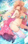  1girl alternate_costume alternate_hair_color ass azur_lane bikini bird blue_bikini braid breasts clouds cloudy_sky commentary_request double_bun eyebrows_visible_through_hair feather_boa formidable_(azur_lane) formidable_(the_lady_of_the_beach)_(azur_lane) highres large_breasts long_hair looking_at_viewer navel ocean petals pink_ribbon red_eyes ribbon seagull signature sky smile solo swimsuit thigh-highs thighs tomocha_(tmc_tmc8) twin_braids 