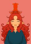  1girl akai_sashimi animal animal_on_head bangs blue_shirt closed_eyes curly_hair highres long_hair long_sleeves octopus on_head open_mouth original parted_bangs pink_background redhead shirt simple_background smile solo upper_body 