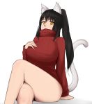  1girl alternate_eye_color animal_ears black_hair bottomless breasts cat_ears cat_girl cat_tail clip_studio_paint_(medium) commentary_request crossed_legs hand_on_own_chest highres krita_(medium) large_breasts long_hair looking_at_viewer no_pants noihara_himari omamori_himari open_mouth red_sweater sitting slit_pupils solo sumairuzu sweater tail thighs 