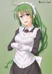  1girl ahoge alternate_costume anti_(untea9) apron black_dress blue_eyes braid dress enmaided frilled_apron frills gloves gradient gradient_background green_background green_hair highres kantai_collection long_hair long_sleeves maid maid_headdress mole mole_under_mouth single_braid solo twitter_username very_long_hair white_apron white_gloves yuugumo_(kantai_collection) 