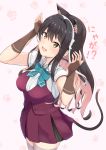  1girl animal_ears black_hair blouse breasts brown_gloves cat_ears cat_tail extra_ears fang fingerless_gloves gloves grey_legwear hair_down hairband highres jacket kantai_collection large_breasts long_hair multicolored_hair naganami_(kantai_collection) ochikata_kage open_clothes open_jacket paw_print_background pink_hair pleated_skirt purple_skirt purple_vest remodel_(kantai_collection) short_sleeves skirt solo tail thigh-highs two-tone_hair vest wavy_hair white_background white_blouse white_hairband yellow_eyes 