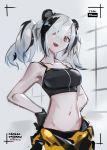 1girl :d animal_ears arknights armpits bare_arms bare_shoulders black_gloves black_shirt breasts collarbone crop_top deel_(rkeg) fang feater_(arknights) gloves grey_hair hair_between_eyes hands_on_hips highres large_breasts long_hair looking_at_viewer midriff multicolored_hair navel open_mouth panda_ears red_eyes shirt sleeveless sleeveless_shirt smile solo spaghetti_strap stomach twintails two-tone_hair upper_body 