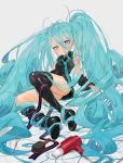  1girl aqua_hair artist_name bare_shoulders black_footwear black_skirt blue_eyes boots clenched_hand collared_shirt commentary_request detached_sleeves entangled gotoh510 hair_brush hair_dryer hair_ribbon half-closed_eye hatsune_miku highres knee_up long_hair looking_at_viewer loose_necktie messy_hair necktie on_floor pleated_skirt pout ribbon scissors shirt simple_background sitting skirt sleeveless sleeveless_shirt solo thigh-highs thigh_boots very_long_hair vocaloid white_background younger 