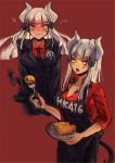  1girl 404_logo_(girls_frontline) :o apron bangs black_apron black_suit blunt_bangs blush business_suit character_name clothes_writing cosplay demon_girl demon_horns demon_tail embarrassed eyebrows_visible_through_hair food fork formal girls_frontline helltaker highres hk416_(girls_frontline) horns lucifer_(helltaker) lucifer_(helltaker)_(cosplay) multiple_views necktie pancake plate red_background red_shirt shirt simple_background suit tail xanax025 