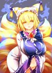  1girl absurdres animal_ears bangs blonde_hair breast_squeeze breasts cowboy_shot dress eyebrows_visible_through_hair eyelashes fox_ears fox_tail frills hair_between_eyes hat highres kitsune kyuubi large_breasts leaning_forward long_sleeves looking_at_viewer multiple_tails open_mouth raptor7 solo tabard tail touhou white_dress wide_hips wide_sleeves yakumo_ran yellow_eyes 